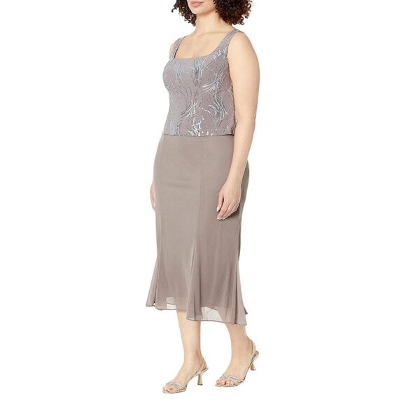 Alex Evenings Women's Tea Length Sequin Dress Pewter Brown / Frost 10 - Picture 9 of 14